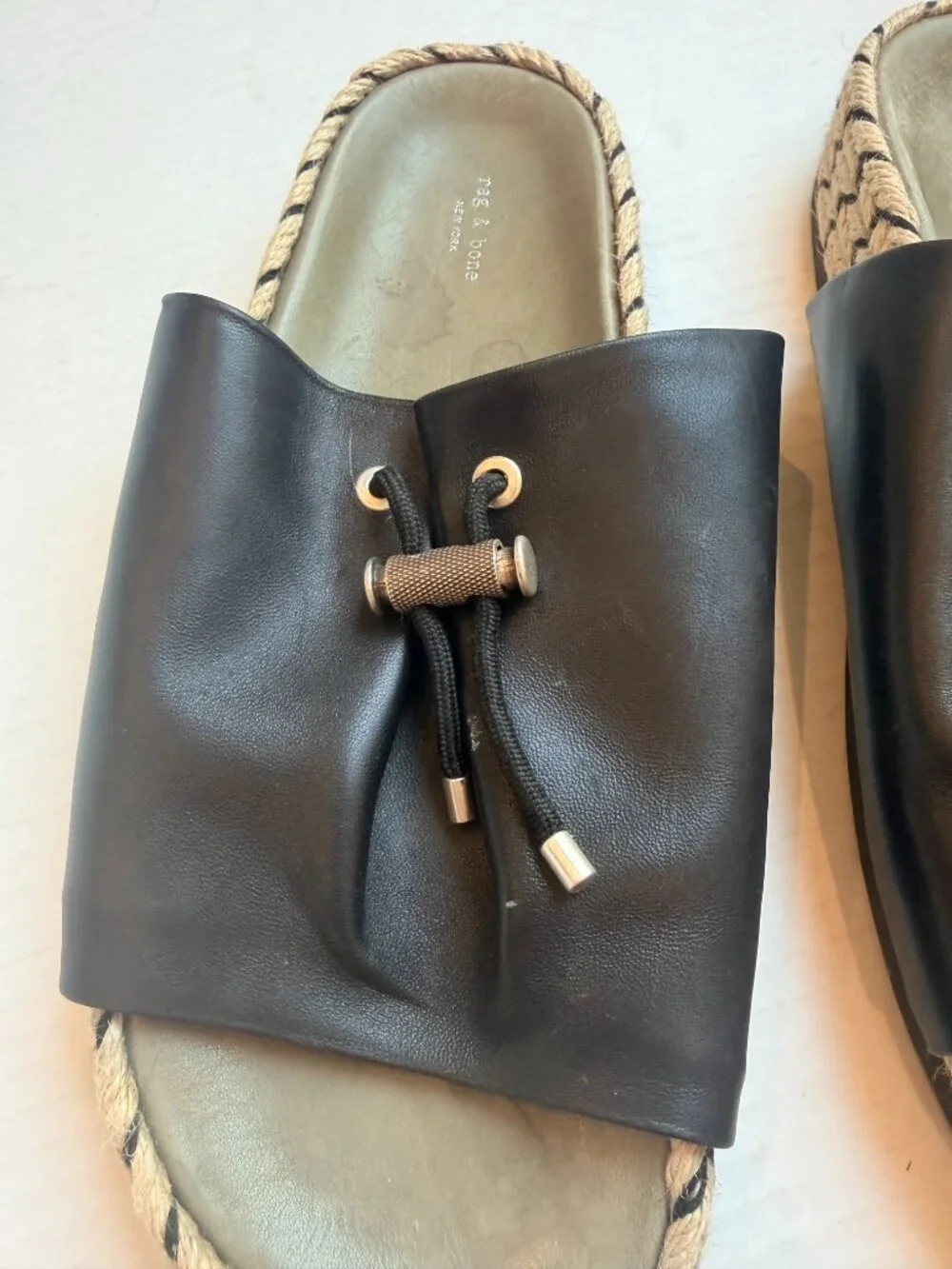rag & bone Eva Espadrille Black Leather Slide Sandals Size 38